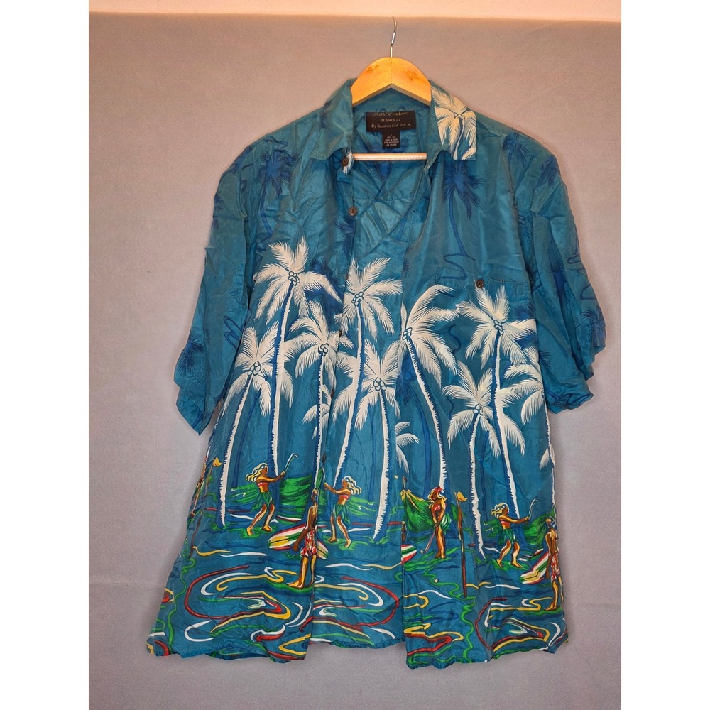 Silk Traders Hawaii Mens L Blue 100% Silk Aloha Shirt Palm Tree Surfer Tropical
